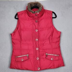Eddie Bauer Down Vest Womens Large Red Faux Fur Collar 700 Fill Zip Pockets